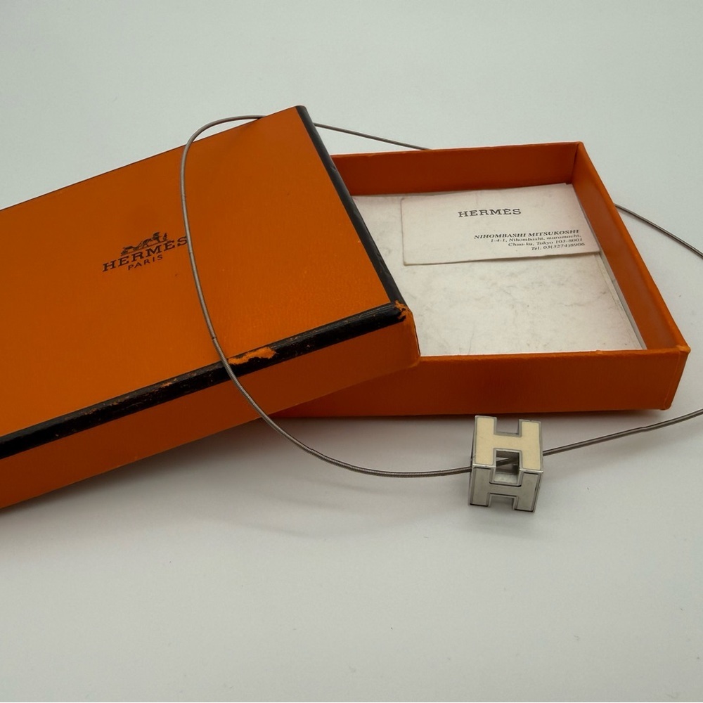 Hermès Cage d'H Pendant Necklace in Silver and White